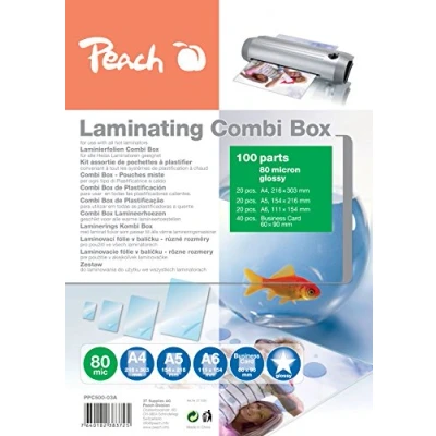 Obrázek Peach Laminovací fólie A4, A5, A6 úsporná sada 80 mic 100 kapes lesklé kompatibilní s laminovacími přístroji všech značkových výrobců PPC500 03A