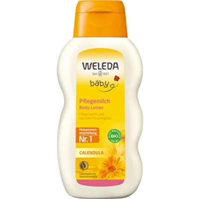 Obrázek WELEDA Bio Baby Calendula pečující mléko přírodní kosmetika tělové s mandlovým olejem a včelím voskem pro péči čištění suché dětské pokožky. Jemné pleťové miminka děti (1x 200