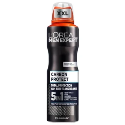 Obrázek L&#039;Oréal Men Expert XXL 5v1 deosprej pro muže, tělový sprej proti silnému zápachu potu, pocení, vlhkosti v podpaží a bílým zbytkům, pánský antiperspirant bez alkoholu, Carbon Protect, 1 x 250 ml