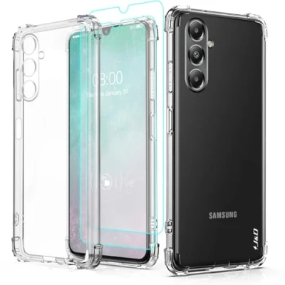 Obrázek J&amp;D Kompatibilní s pouzdrem Samsung Galaxy A05s, křišťálově čiré pouzdro na mobil tlumící nárazy (balení po 2 kusech) ochranná fólie displej, Anti Yellow TPU Bumper Case for ne pro