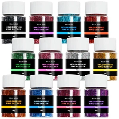 Obrázek Belle Vous Sada 12 ks jemných třpytivých prášků pro kutily 15 g x barev, třpytky kutily, epoxidová pryskyřice, pigmenty, svatba, dekorace, hřebíky/tělo/obličej, DIY sliz