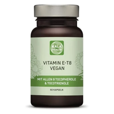 Obrázek Kala Health Vitamín E 8 60 veganských kapslí obsahuje všech známých forem vitaminu E, mezi nimi 4 tokotrienoly (40 mg) a tokoferoly vynikající kvality z přírodních zdrojů