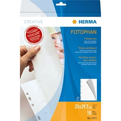 Obrázek HERMA 7571 fotokarton bílý, 10 kusů, 23 x 29,7 cm, 220 g/m², karton k sešití pergamenovým papírem a euroděrováním na fotografie, obrázky, pohlednice, fotoalbum, pořadače, kroužkovou vazbu nebo pro