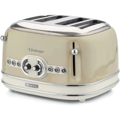 Obrázek Ariete Vintage 156, toustovač se 4 plátky, retro 6 stupni toustování, automatické vyhazování, funkce rozmrazování, vyjímatelná přihrádka na drobky, kryt z ušlechtilé oceli, 1600 W, béžový