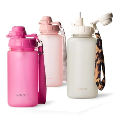 Obrázek MAMEIDO Dětská láhev 500 ml s brčkem a poutkem na nošení z tritanu, odolná proti vytečení, bez BPA pro chlapce dívky (Glow Couture)