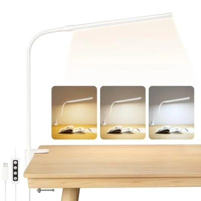 Obrázek Lepro LED stolní lampa svorkovná, lampa, pro architekty s výkyvným ramenem, ochrana očí, osvětlení svorek USB, 3 barvy a 10 stupňů jasu, stmívatelná do kanceláře, bílá