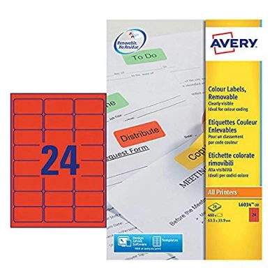 Obrázek Avery Coloured Labels. 24 per sheet 63.5 X 33.9 mm Red Ref L6034 20 [480 Labels]