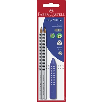 Obrázek Faber Castell 185297 2 tužky Grip 2001, barva rukojeti: Stříbrná, stupeň tvrdosti: B, včetně 1 mazací gumy, v Modrá, Šedá nebo ostružinová Erhaeltich, možný výběr barvy, náhodné