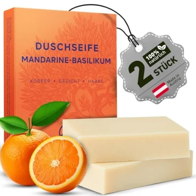 Obrázek larum sports pevné mýdlo do sprchy ženy, mandarinková bazalka, pevný sprchový gel, na vlasy, tělo, obličej, přírodní dámské, kosmetika, 2x bio à 85 g