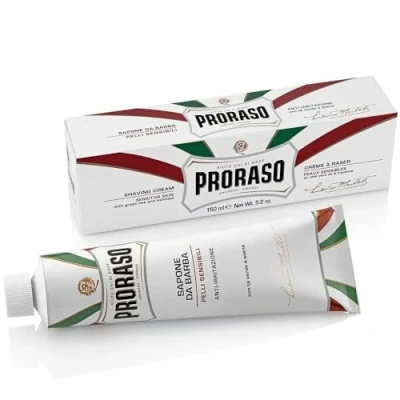 Obrázek Proraso Shaving Cream Tube Sensitive, 150 ml, uklidňující a krémové mýdlo na holení pro muže, s ovsem extrakty ze zeleného čaje, Made in Italy, bílé