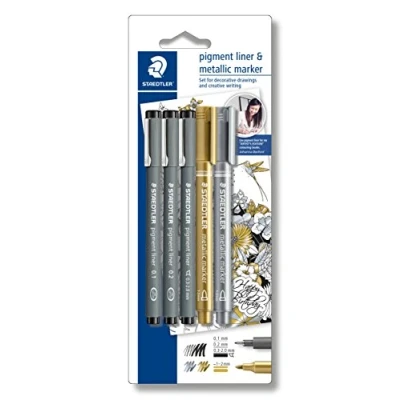 Obrázek STAEDTLER Pigmentové linky a metalické zvýrazňovače v sadě, vysoká kvalita, sada se 3 finelinery černé 2 metalickými popisovači zlaté stříbrné, 308 SBK3P3
