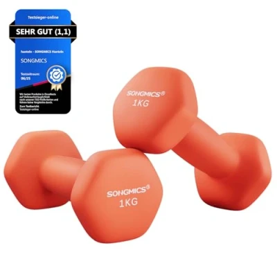 Obrázek SONGMICS Činky, 2dílná sada, 2 x 1 kg, sada činek, krátké činky, hexagon, neoprenová povrchová úprava, silový trénink, cvičení, fitness pro domácnost, papája orange SYL902O01