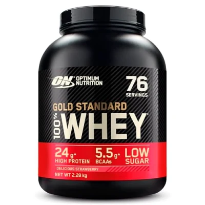 Obrázek Optimální výživa ON Gold Standard Whey Protein Powder, proteinový prášek pro budování svalů, přirozeně obsažený BCAA a glutamin ,, Jahoda, 76 porcí, 2,27 kg, balení se může lišit