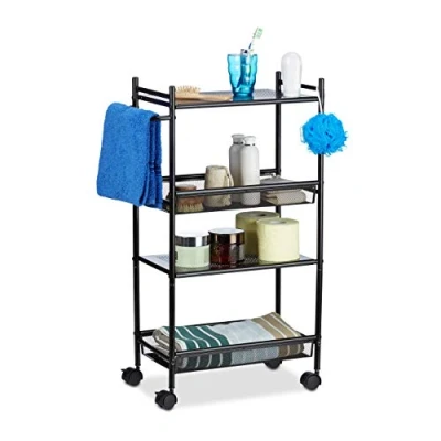 Obrázek Relaxdays Pojízdný regál úzký z kovu, 4 patra vozík do výklenku pro kancelář, stojací s kolečky V x Š H: 81 25 50 cm, hnědý