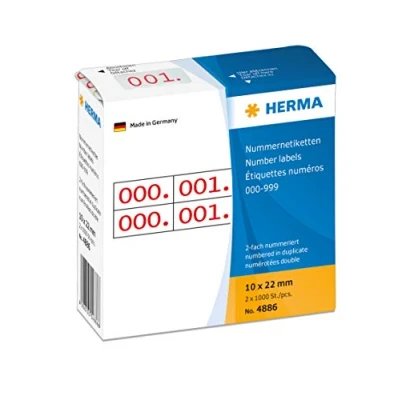 Obrázek HERMA 4886 Číselné štítky číslice 0 999, dvojité, 2000 kusů, 22 x 10 mm, samolepicí, matné, 2krát průběžné papírové číselné štítky, čísla příloh v zásobníku, červená potištěná