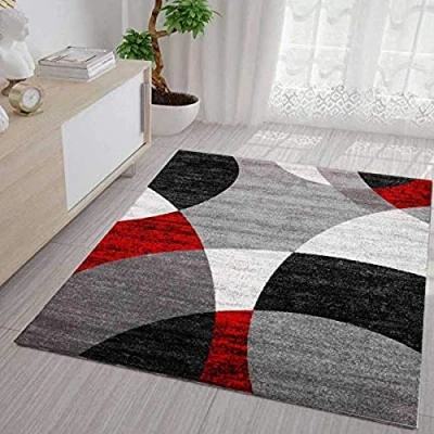 Obrázek VIMODA Koberec geometrický kruhový vzor melírovaný v šedé bílé černé a červené, rozměry: 60 x 110 cm