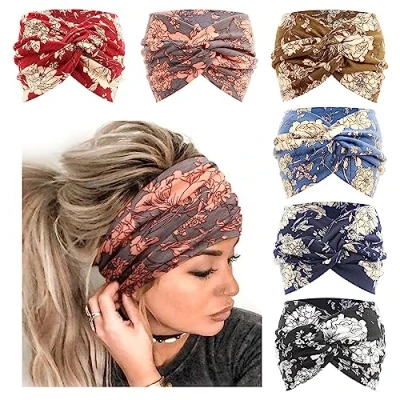 Obrázek DRESHOW 6 kusů širokých dámských čelenek, extra velká turbanová čelenka Boho Head Wrap Elastické pásky do vlasů Twisted Knot ozdoba