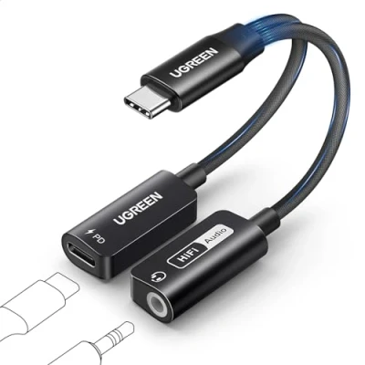 Obrázek UGREEN Magnetický USB C na jack adaptér a nabíjení 60 W rychlé nabíjení, 2 v 1 sluchátka s Hi Res 32Bit/384 KHz Pro iPhone 16 Max iPad Pro/Mini 6 Galaxy S24 Ultra S23