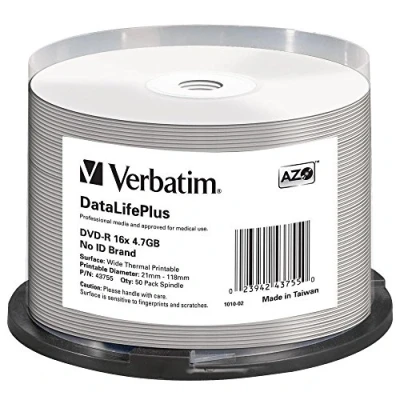 Obrázek Verbatim DVD R 16x Wide Thermal Printable 4.7GB, DataPlus, balení 50 ks vřetena, polotovary termal potisknutelné, 16násobná rychlost hoření, printable, prázdné, prázdné