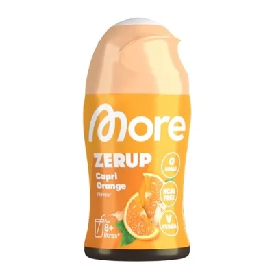 Obrázek MoRE Zerup, Capri pomeranč, 65 ml, pro až 8 l hotového nápoje, sirup bez cukru s pravými extrakty z ovoce, veganské, zero kalorie vyrobeno v Německu