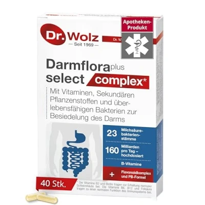 Obrázek Dr. Wolz střevní flóra plus select complex* 40 kapslí ve vysokých dávkách 22 kmenů bakterií mléčného kvašení 160 miliard bakteriálních kultur denně na sliznici a imunitní systém*