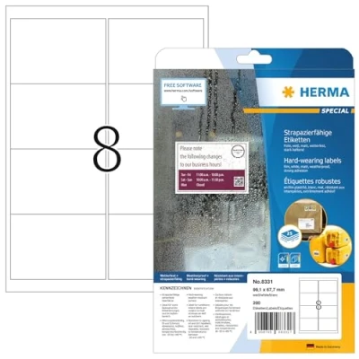 Obrázek HERMA 8331 Dopravní etikety odolné proti povětrnostním vlivům, 25 listů, 99,1 x 67,7 mm, 8 na arch A4, 200 kusů, samolepicí, potisknutelné, matné, prázdné štítky adresy nálepka z fólie, bílá