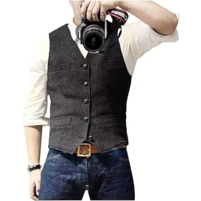 Obrázek Solovedress Pánská Casual vlna vzor rybí kosti oblek vesta s výstřihem do V Tvídová na svatbu Groomsmen, černá
