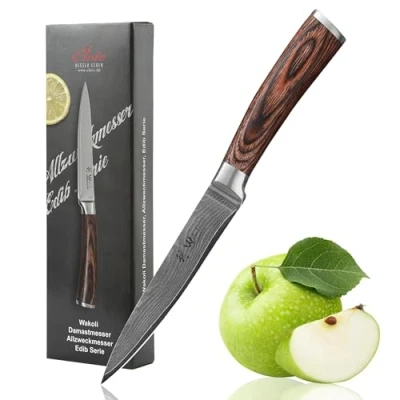 Obrázek Wakoli EDIB damaškový nůž univerzální s 12,5cm čepelí vyrobený z 67 vrstev pravé damaškové oceli rukojetí Pakka dřeva I Premium kuchyňský a profesionální v dárkovém balení