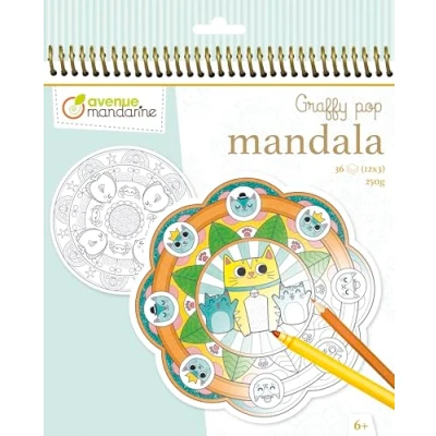 Obrázek Avenue Mandarine GY030O omalovánky Graffy Pop Mandala, kreslicí papír 250 g, předřezané tvary, 12 motivů se opakují vždy třikrát, ideální pro děti od 6 let, 1 kus, zvířata