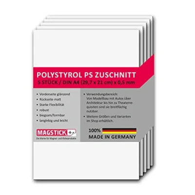 Obrázek 5dílná sada polystyrenových desek bílá I DIN A4 plastové tvrdé desky PS přířezy 29,7 x 21 cm tloušťka 0,5 mm pro modelářství architekturu DIY mag259