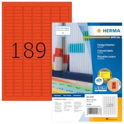 Obrázek HERMA 4238 barevné etikety červené, 100 listů, 25,4 x 10 mm, 189 na arch A4, 18900 kusů, samolepicí, potištěné, matné, prázdné papírové štítky