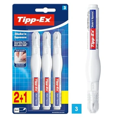 Obrázek Tipp Ex Korekční tužka Shake &#039;n Squeeze, po 8 ml, balení 3 kusech, ideální do kanceláře, domácí kanceláře nebo školy