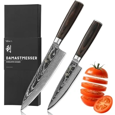 Obrázek Wakoli EDIB Essentials 2dílná sada damaškových nožů 30 cm a 24 Profi kuchyňský nůž Santoku 67 vrstev damaškové oceli rukojeť z dřeva Pakka včetně dárkové krabičky ochrany prstů