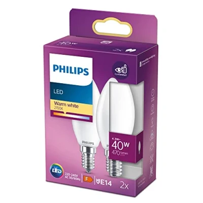 Obrázek Philips LED Classic E14 Lampe, 40 W, Kerzenform, matt, warmweiß, 2er Pack