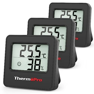 Obrázek ThermoPro TP157 Mini vlhkoměr, teploměr, vnitřní 3dílná sada 0,5 C, přesný pokojový měřič vlhkosti vzduchu s indikátorem Smiley, ideální pro obývací pokoj, kancelář, garáž nebo skleník,