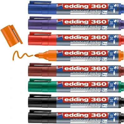 Obrázek edding Sada 360 popisovačů na bílé tabule pestré barvy 8 tužek bílou tabuli kulatý hrot 1,53 mm stíratelný popisovač tabuli, flipchart, magnetickou memoboard, skicové