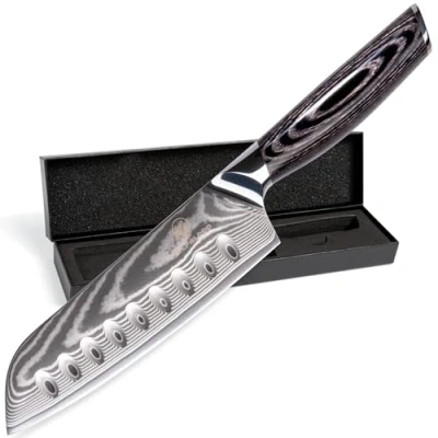 Obrázek Wolfblood PRO damaškový nůž Kuchyňský XL(31cm) Profi Santoku z pravé 67 vrstev damaškové oceli I s dřevěnou rukojetí, dárková krabička a ochrana čepele