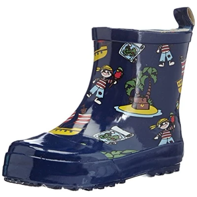 Obrázek Playshoes Unisex dětské krátké, celoplošné gumové holínky z přírodního kaučuku, módní boty do deště s reflektory, pirátským vzorem, Námořnická modrá, 22 EU