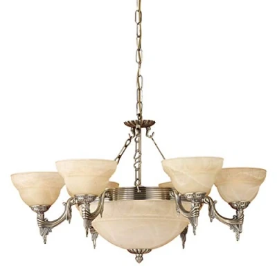 Obrázek EGLO závěsné svítidlo Marbella, závěsná lampa s 9 žárovkami vintage, rustikální, z leštěného kovového odlitku, alabastrové sklo v šampaňském, na jídelní stůl, do obývacího