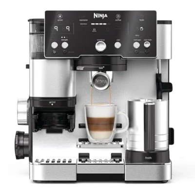 Obrázek Ninja Luxe Essential 2 v 1 kávovar s mlýnkem a napěňovačem pro latte, cappuccino espresso, jednoduchá manipulace, předvolby napěnění, stříbrná, ES501EU