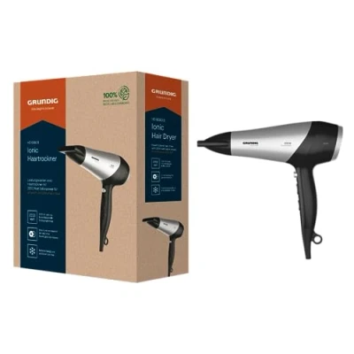 Obrázek GRUNDIG Vysoušeč vlasů HD 6080 B 2200 W, fén, ionizační funkce, 3 stupně teploty a 2 proudění vzduchu, studený stupeň, keramický povrch, 1,8m kabel, černá/stříbrná