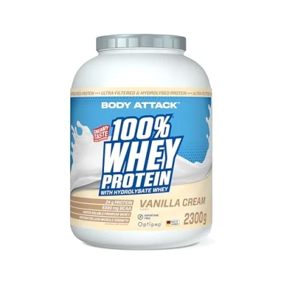 Obrázek Body Attack 100% Whey Protein vanilka, 2,3 kg Made in Germany extra krémový proteinový prášek s hydrolyzátem a BCAA, podporuje růst svalů diety, pro všechny sportovce