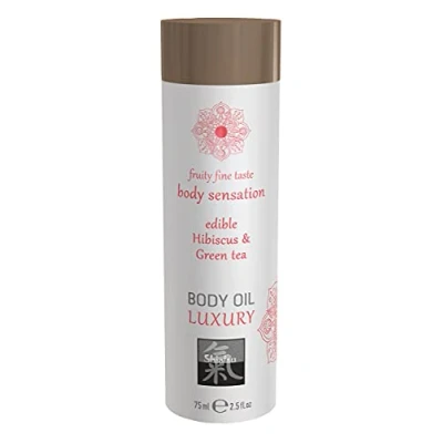 Obrázek HOT SHIATSU Body Oil Luxury Hibiscus &amp; Green Tea. Jedlý masážní olej se vzrušující, afrodizizující chutí. Více zábavy a erotiky při partnerské masáži, 75 ml