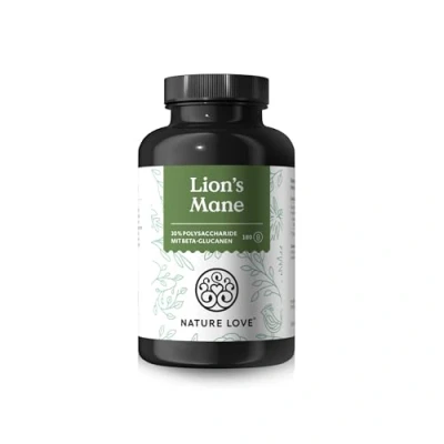 Obrázek NATURE LOVE® Lions Mane 180 kapslí vysoká dávka 1500 mg 30:1 extraktu v denní dávce 30 % polysacharidů a 5 beta glukanů Hericium Erinaceus Mushroom veganské laboratorně testováno