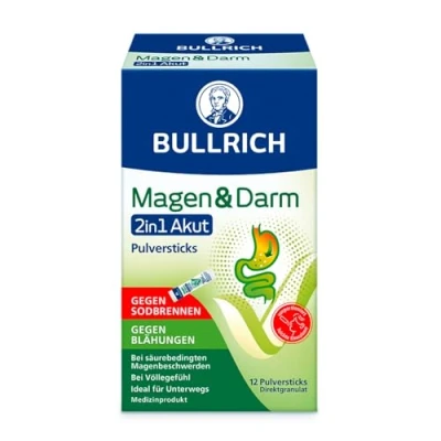 Obrázek Bullrich Žaludek a střeva Akutní 2v1 Proti pálení žáhy nadýmání Ideální na cesty veganské 12 práškových tyčinek