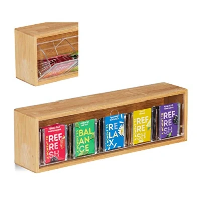 Obrázek Relaxdays Čajový box bambus, 5 přihrádek pro 50 čajových sáčků, s výklopným víkem, k zavěšení, ochrana aroma, 11,5 x 39 8 cm, přírodní, světle hnědá, průhledná