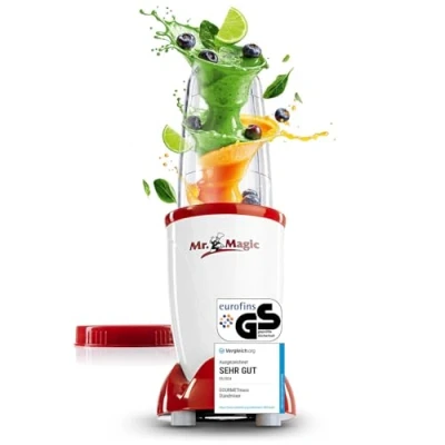 Obrázek GOURMETmaxx Mr. Magic Mixer Smoothie Maker 4dílná stojanový mixér s mixovací nádobkou a víkem pro udržení čerstvosti 8 funkcemi Food Processor koktejly, smoothies, snímky atd.