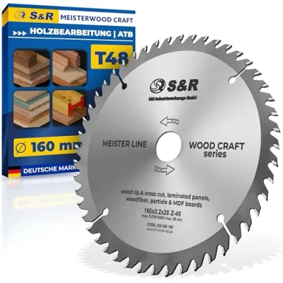 Obrázek S&amp;R pilový kotouč TCT slinutý kov 160 mm 48 zubů pro pokosovou pilu, pilu a ruční okružní víceúčelový list s redukčními kroužky, práce ze dřeva, měkkého tvrdého dřeva