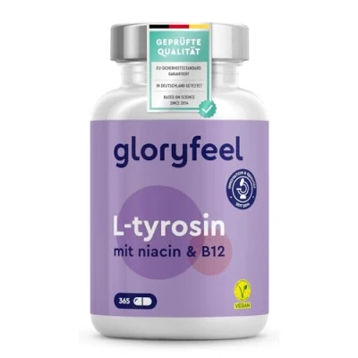 Obrázek L tyrosin 365 kapslí (6 měsíců) 1000 mg v denní dávce Veganský s vitaminem B3 &amp; B12 pro nervy a metabolismus* laboratorně testováno, vyrobeno Německu bez přísad