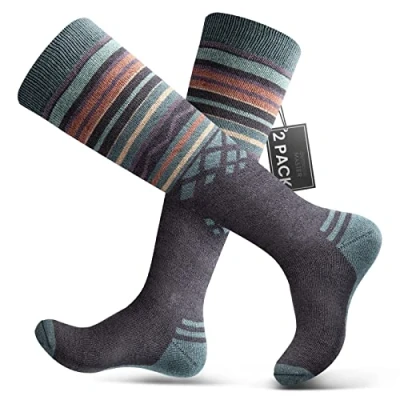 Obrázek OutdoorMaster 2 páry unisex lyžařské ponožky z merino vlny pro dámy a pány, zimní snowboarding prodyšné outdoorové sporty s OTC designem / protiskluzové manžety